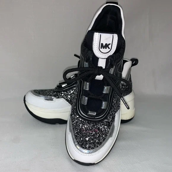 MICHAEL KORS Olympia Glitter Trainer Sneaker Women’s Black Silver 8.5M Lace Up - Picture 5 of 17